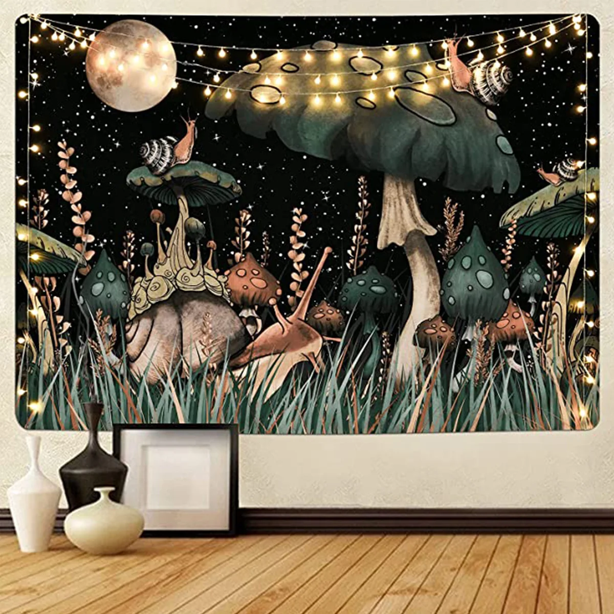 

Trippy Mushroom Tapestry Moon and Stars Tapestry Snail Tapestry Fantasy Plants Leaves Tapestry Wall Hanging for Room(No Light)