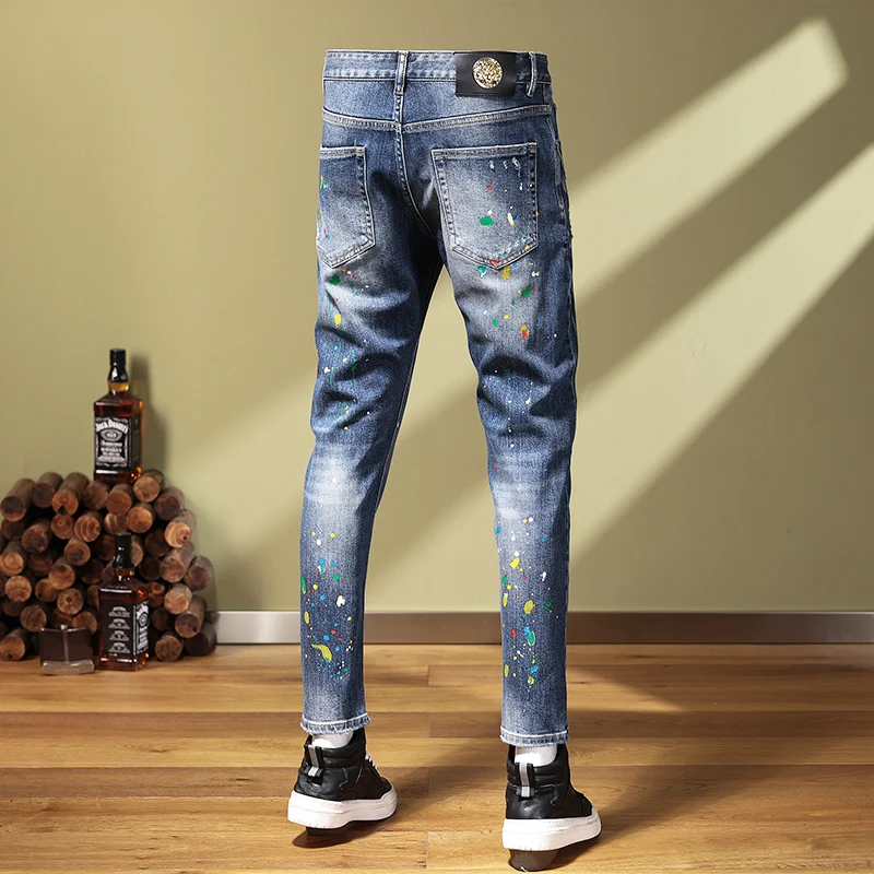 Streetwear Fashion Men Jeans Retro Blue Elastic Stretch Skinny Ripped Jeans Men Painted Designer Hip Hop Stretch Pants Hombre