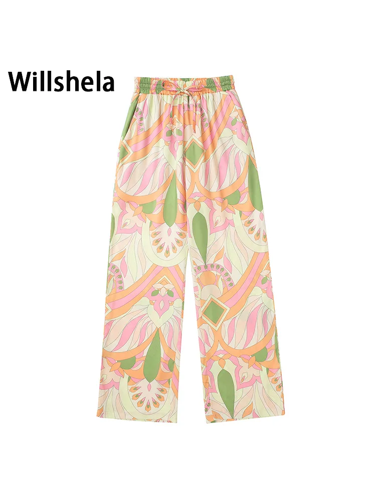 

Женские модные брюки Willshela с цветочным принтом, эластичная талия, винтажные длинные женские шикарные женские прямые брюки с высокой талией