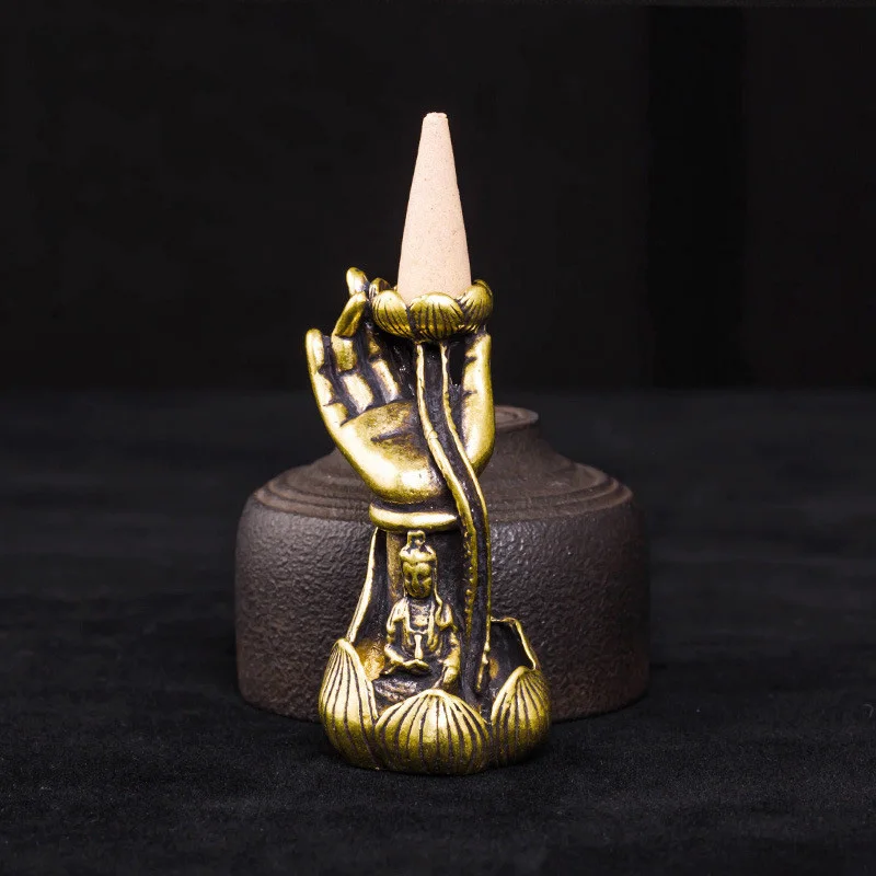 Антикварная медная статуя Будды рука держащая лист лотоса курильница с обратным