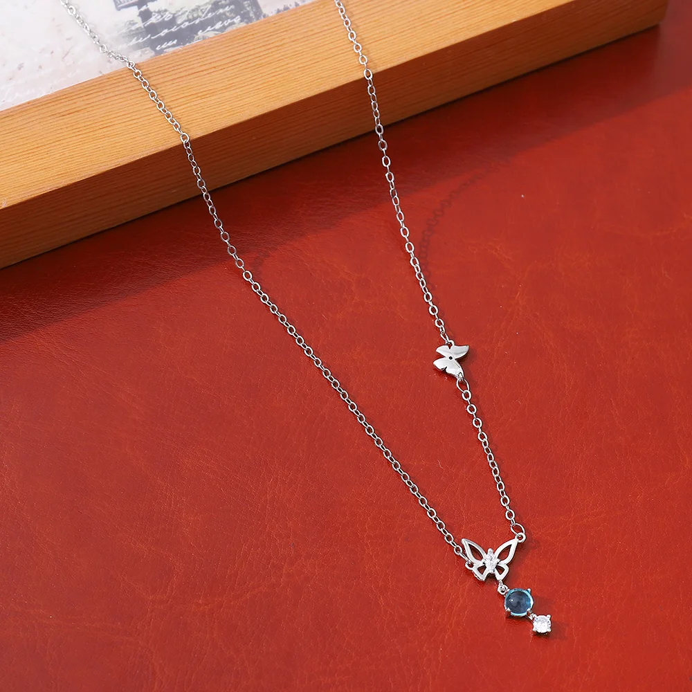 

Blue Crystal Butterfly Necklace Simple Design Sense Fresh Niche Temperament Female Clavicle Chain Ins Style Jewelry