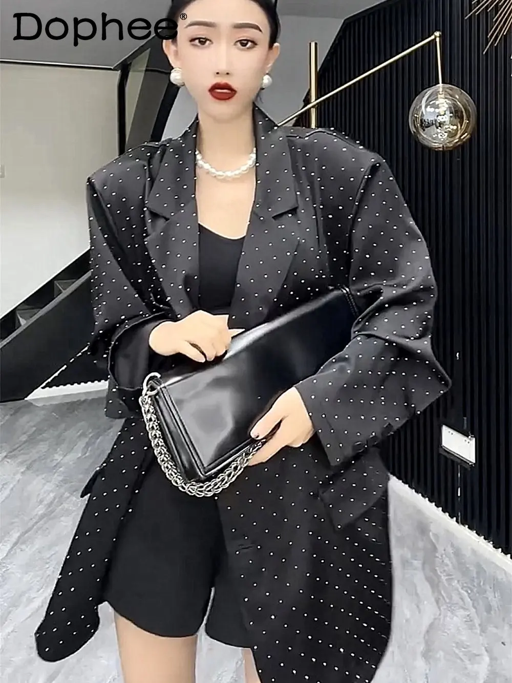 

Fashion High-Grade Hot Drilling Acetate Satin Loose Suit Coat Women Office Commuter Black Blazer Jacket Spring Autumn Clothes
