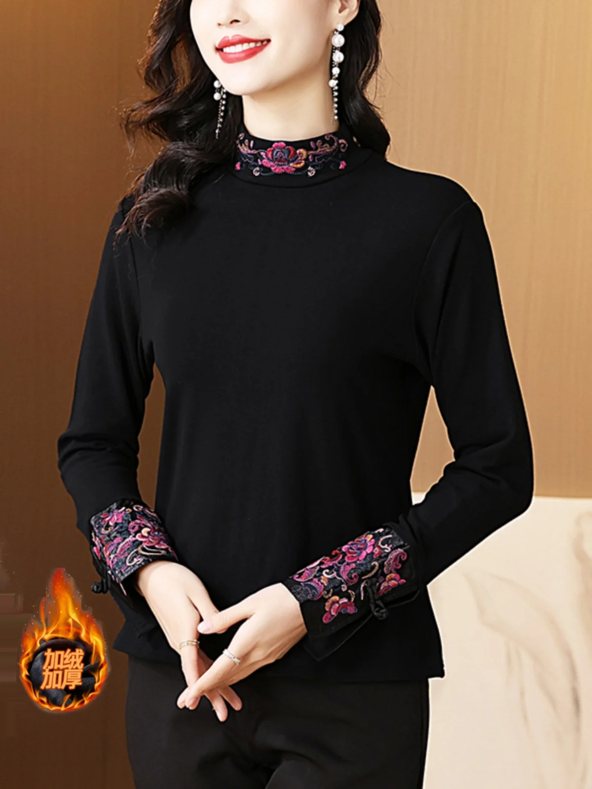 Heavy Embroidery Fleece-lined Turtleneck Sanding Bottoming Shirt Women Autumn and Winter 2024 New Elastic Long sleeve Top Inn...