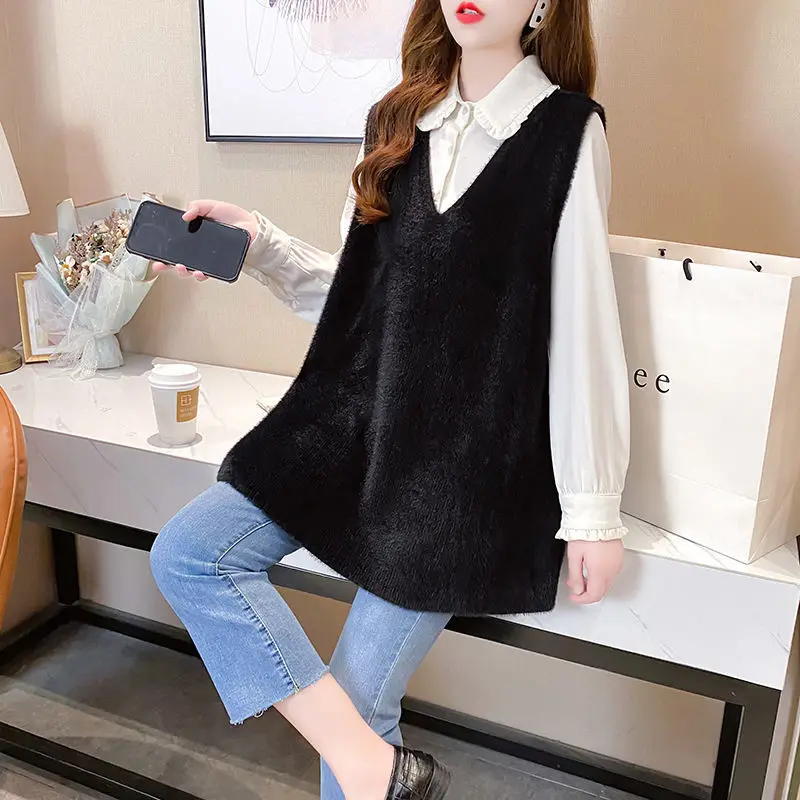 

2022 New Autumn Women's Sweater Vest V-neck Sleeveless Solid Color Casual Loose Knitted Pullover Tops Female Outerwear T223