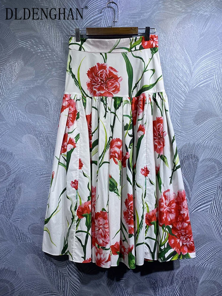 DLDENGHAN Spring Summer Women 100% Cotton Skirt High Waist  Flowers Print Sicily Vintage Long Skirt Fashion Designer New