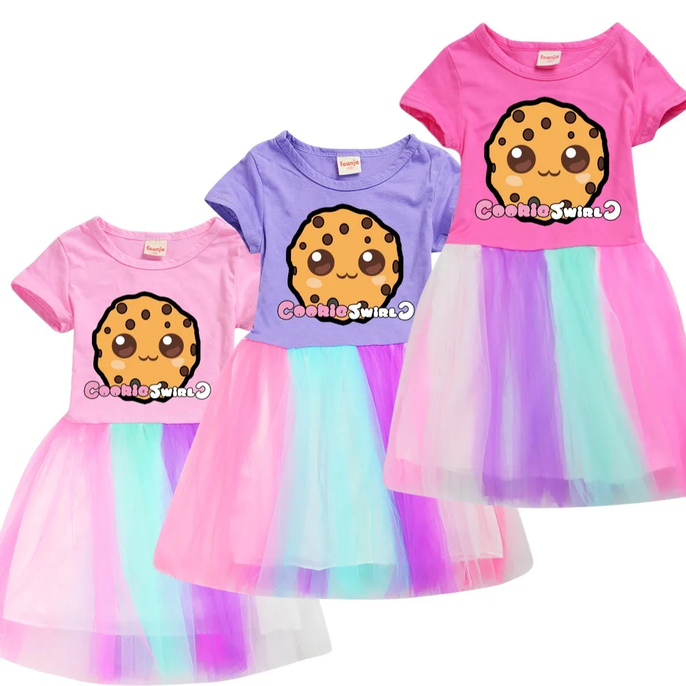 

Girls Princess Dress Kids Cute Cookie Swirl c T Shirt Pleated Dresses Children Summer Vestidos Cartoon Birthday Party Clothes
