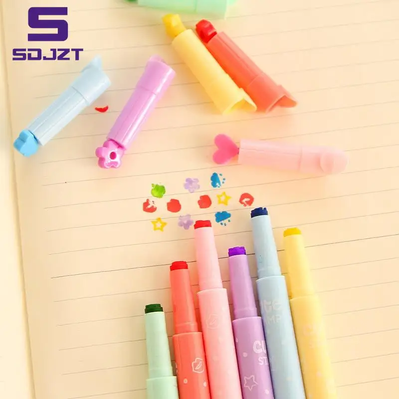 

6Pcs/Lot Cute Candy Color Highlighters Inks Stamp Pen Creative Marker Pen school Supplies office Stationery for children Gifts