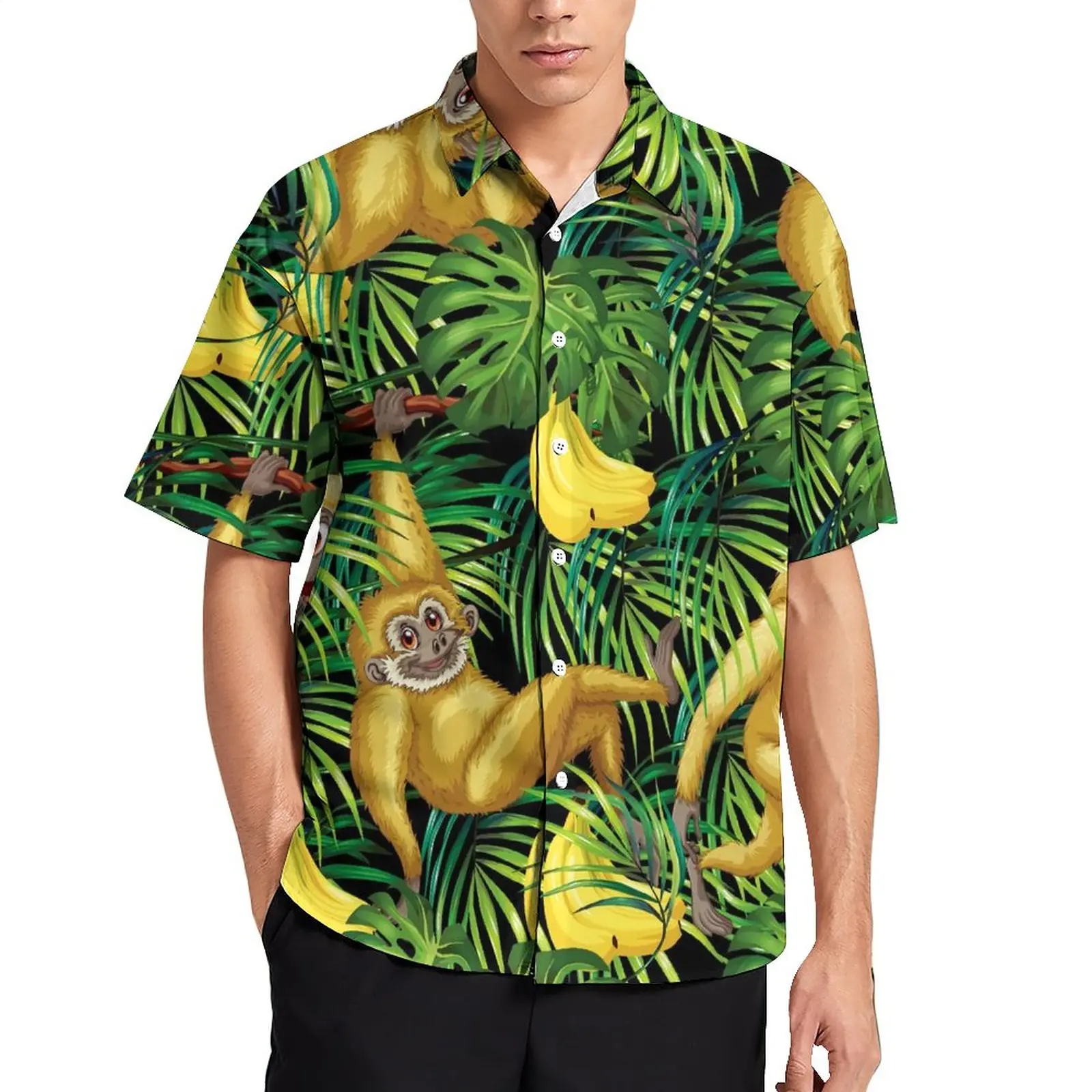 

Пляжная рубашка с принтом обезьяны, мужские повседневные рубашки с тропическим бананом, джунглями, Гавайские блузки большого размера с коротким рукавом и графическим принтом в уличном стиле
