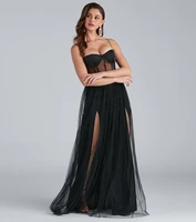 black tulle long prom dresses both side split sexy cocktail party women wear beaded spaghetti sweetheart robe de soir%c3%a9e femme