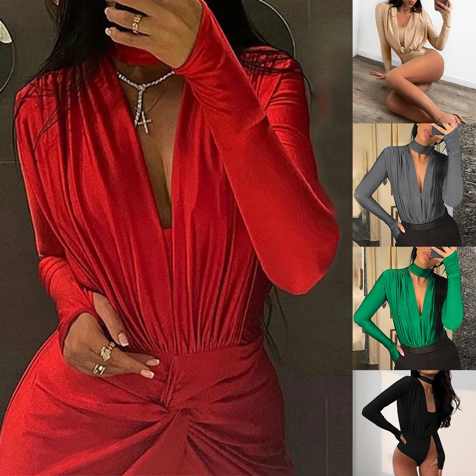 

Women One Piece Rompers Low Cut Ladies Bodycon Playsuits Sexy Style Silk Tunic Jumpsuit Long Sleeve Deep V Neck Beachwear Outfit