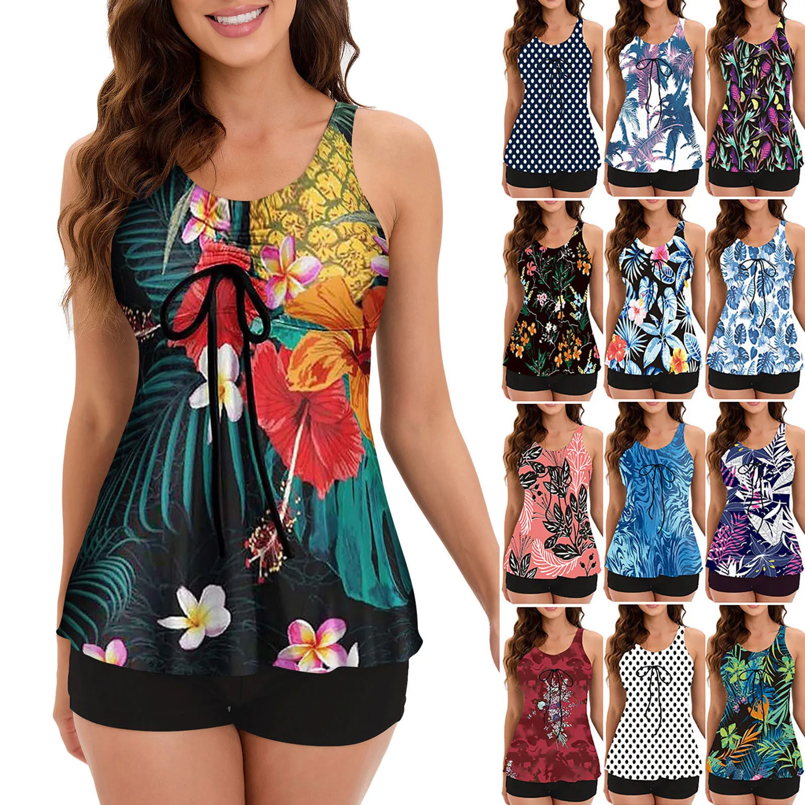 

Conservative Sleeveless Swimsuit Two-piece Floral Split Belly-covering Swimsuit For Swimming Pool Floral Split Belly-covering