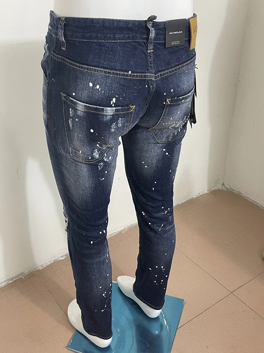 2023 new jeans three-dimensional cut D2 Men's jeans dark blue slim-fit little bullet worn edge casual trend