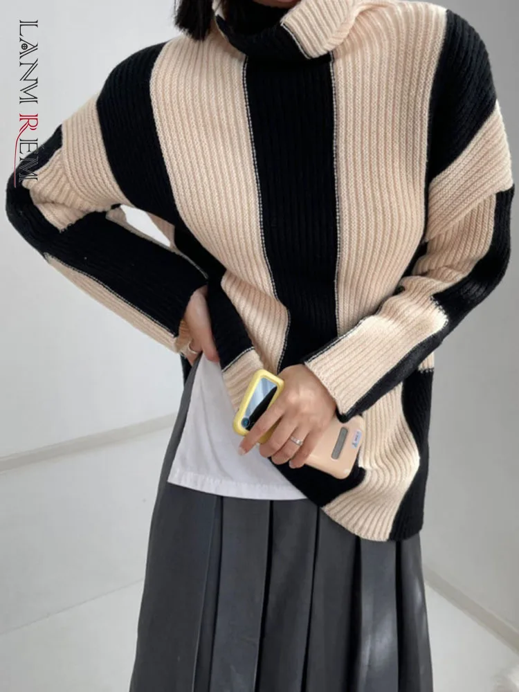 

LANMREM контрастный цвет вязаный Повседневный свитер водолазка с длинным рукавом Свободный теплый Топ женский 2022 осень зима 2L2035
