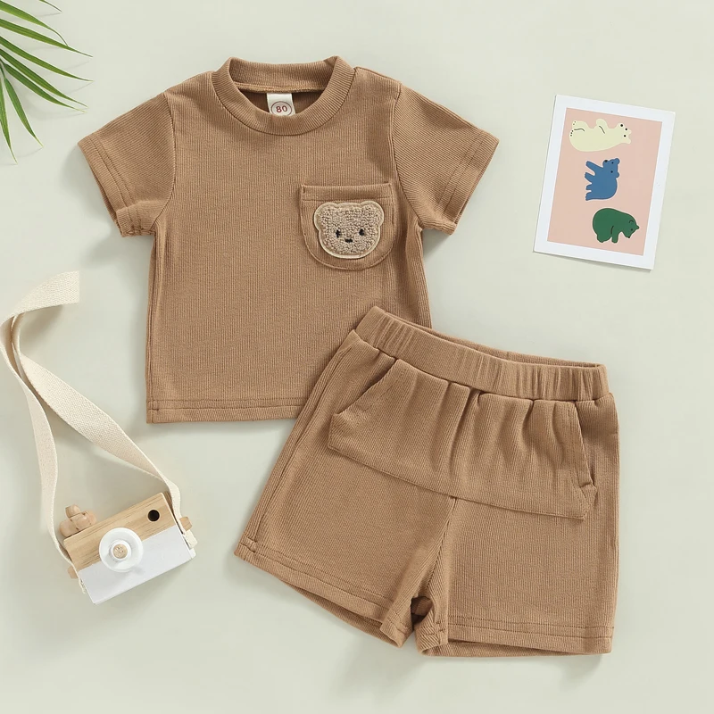 2022-12-28 Lioraitiin Kids Toddler Boy Girl 2Pcs Summer Outfits Short Sleeve Bear Pattern T-Shirt Pocket Shorts Set