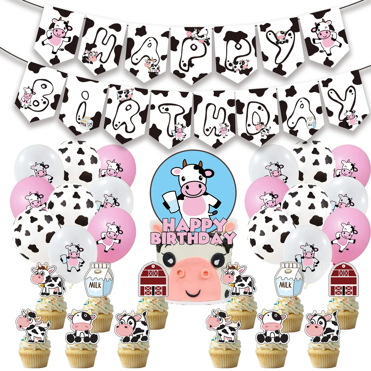 

Animal Cow Theme Birthday Party Decoration Cartoon Farm Banner Balloon Cake Topper Set Baby Shower Supplies