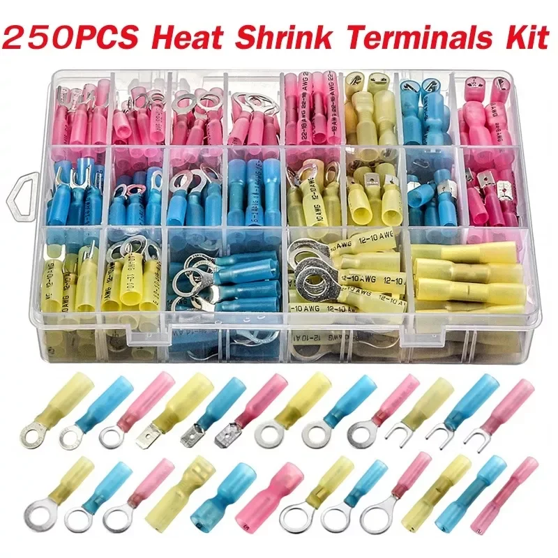 

250PCS Assortment Seal Heat Shrink Cable Wire Butt Connectors Electrical Crimp Marine Automotive Terminals AWG10-22 Kit