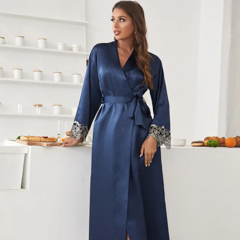 Women Silk Robe Autumn Winter Nightwear Bathrobe Lace Trim Sleepwear Pajamas Pyjama Sexy Long Nightgown Nightwear