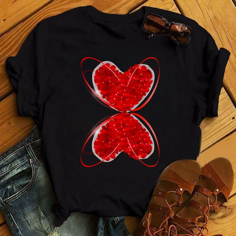 

Red Rose Flower Heart Print T Shirt Women New Black T-shirt Female Fashion Short Sleeve Graphic Tee Shirt Woman Ladies Cute Tops