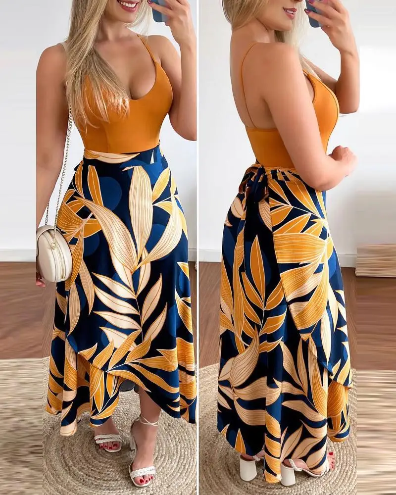 

V-Neck Cami Top & Tropical Print Skirt Set Women Spring Summer Sleeveless Short Sexy Camis Tanks Tops Loose Floral Skirt