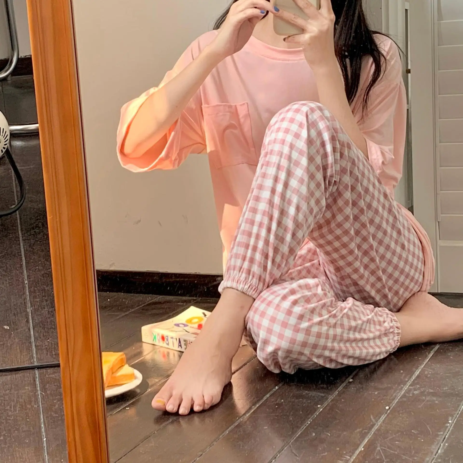 

Yasuk Spring Summer Fashion Women's Casual Lovely Solid Plaid Short Sleeve Sleepwear Soft Pajamas With Pants Loose Pullover