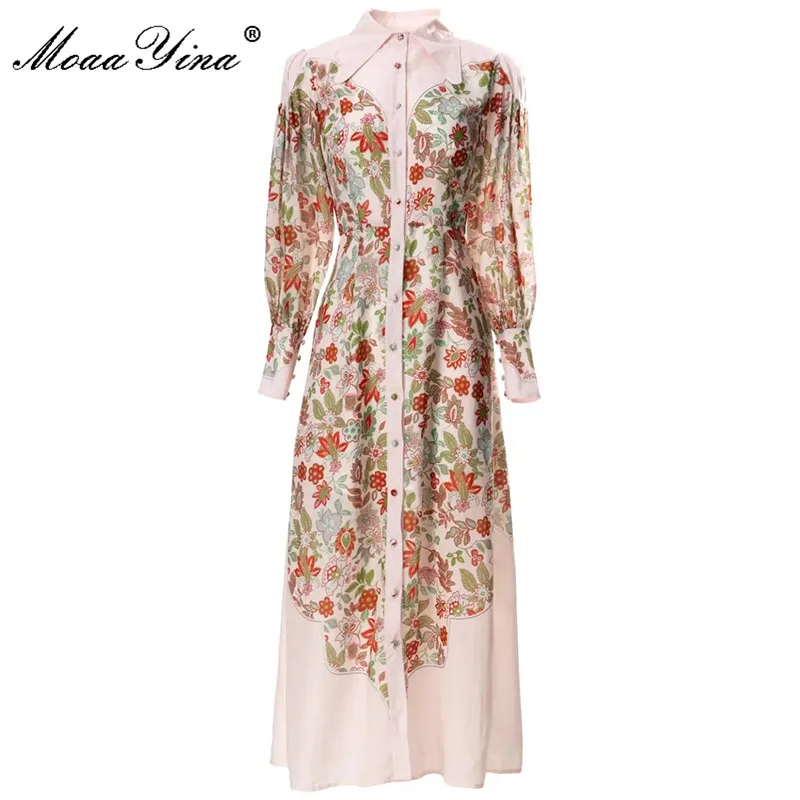 

MoaaYina, модное дизайнерское платье, летнее женское платье, отложной воротник, фонарь, длинный рукав, однобортное Платье с принтом