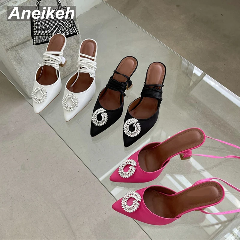 

Классические Вечерние туфли Aneikeh на высоком квадратном каблуке, весна 2022, женские туфли-лодочки без застежки, украшенные кристаллами, в римс...