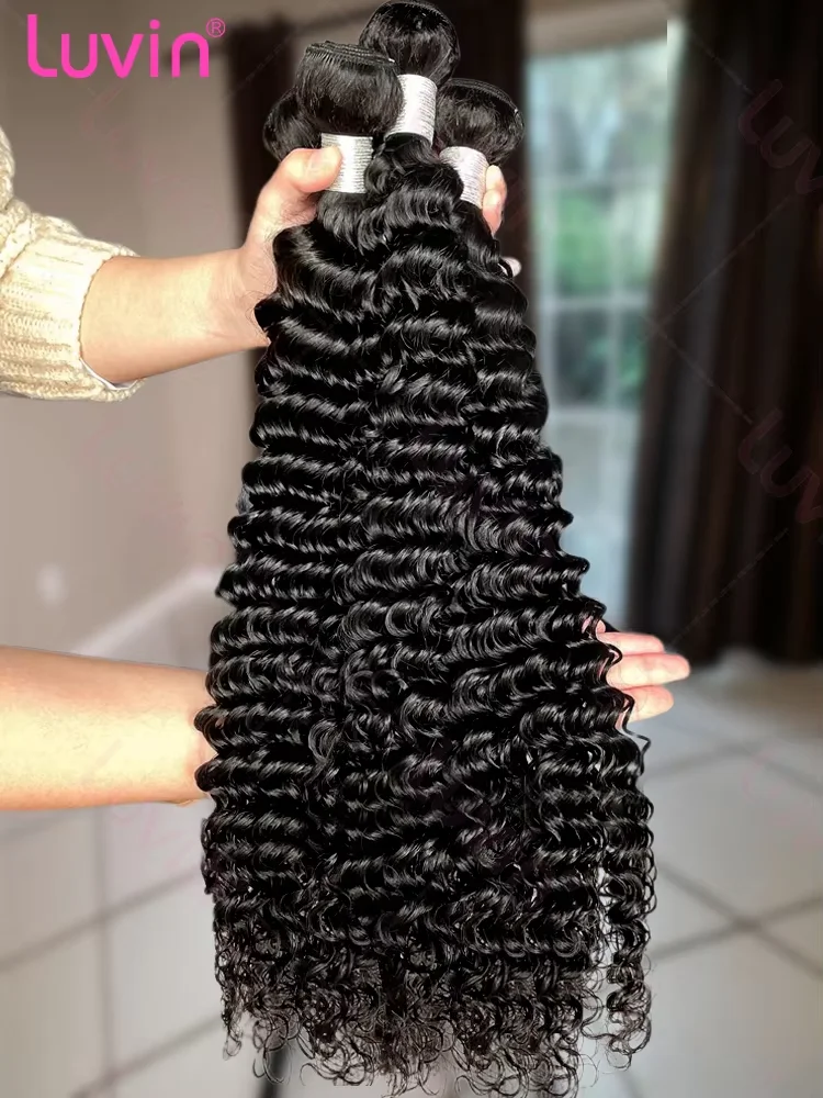 Luvin Curly Bundles Human Hair 30 34 Inch Deep Wave Raw 1 3 4 Hair Bundles Unprocessed Double Weft Hair Extensions Weave