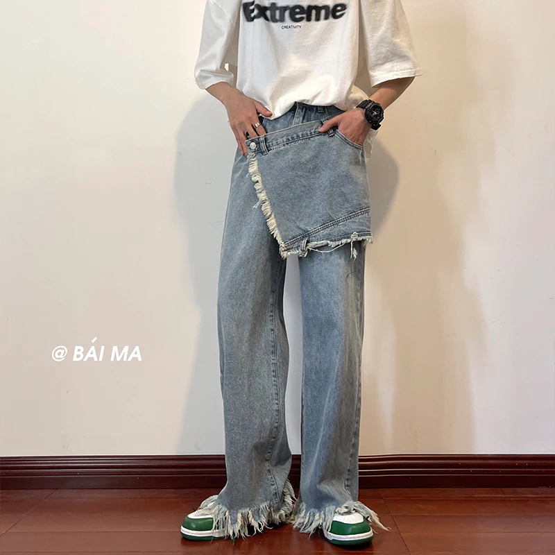 

Men's Straight Jeans Patchwork Fake Two Piece High Street Oversize Loose Casual Denim Burrs Trousers Harajuku Hip Hop Jean Pants