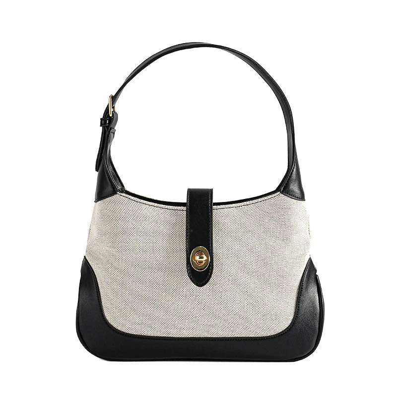 French Elegant Ladies Hobo HandBag Summer Women Pu +canvas Stitching Underarm Bag Fashion Armpit Bag for Female 2022 New