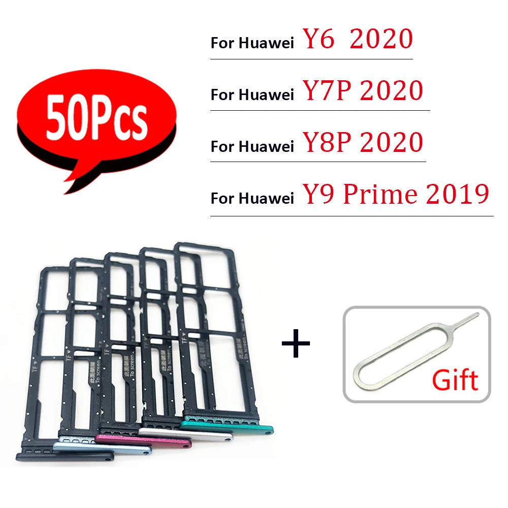 50Pcs， For Huawei Y6 Y7P Y8P 2020 Y9 Prime 2019 Micro Nano SIM Card Tray chip Slot Holder Adapter Socket Repair Part With Pin