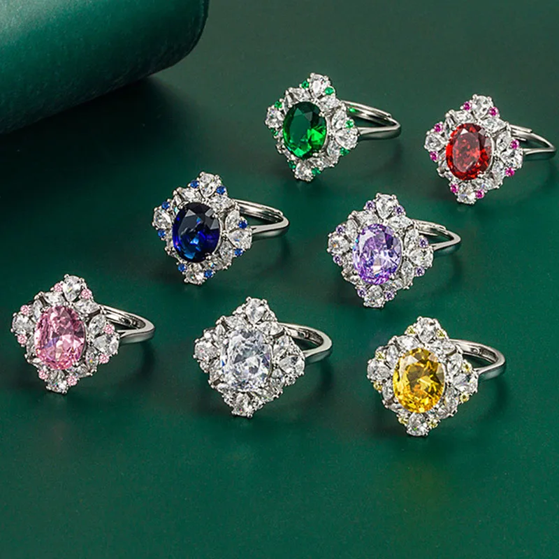 

Uilz New Fashion Multicolor Classic Silver Color Geometry Egg-shaped Zircon Open Rings for Women Adjustable Wedding Party Ring