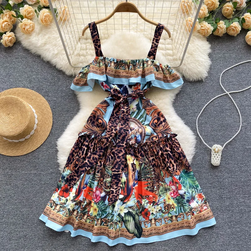 

Leopard Floral Strap Summer Vintage Dress Elegant Sleeveless Midi Elegant Party Evening Casual Dresses for Women 2022 Ruffled