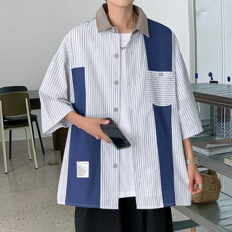 

Korean Fashion Turn-down Collar Men's Shirt Turn-down Collar Half Sleeve 2022 Summer Loose Big Size Casual Loose Blouse ZCSMLL