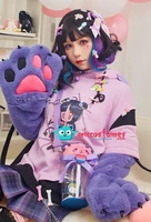 pullover hoodie with detachable bag design furry cat paw gloves harajuku purple eyeball patterns