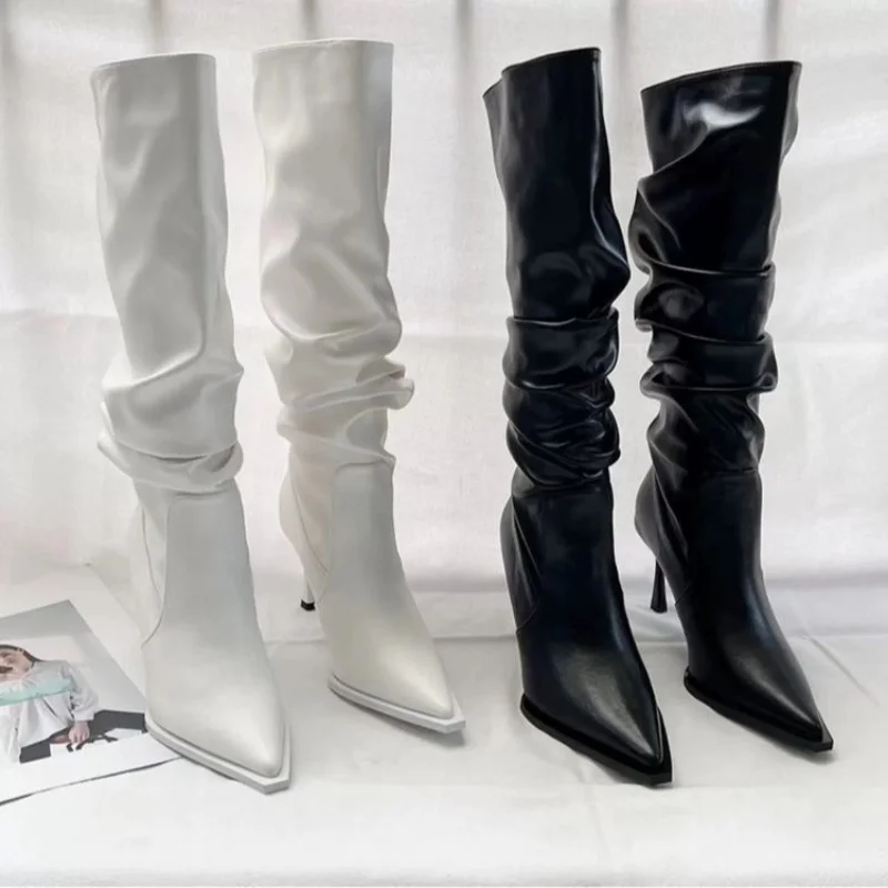 

Pleated Thigh High Long Boots for Women Sexy Pointed Toe Knee High Boots Woman Design White Slip-On Pleated PU Leather Booties