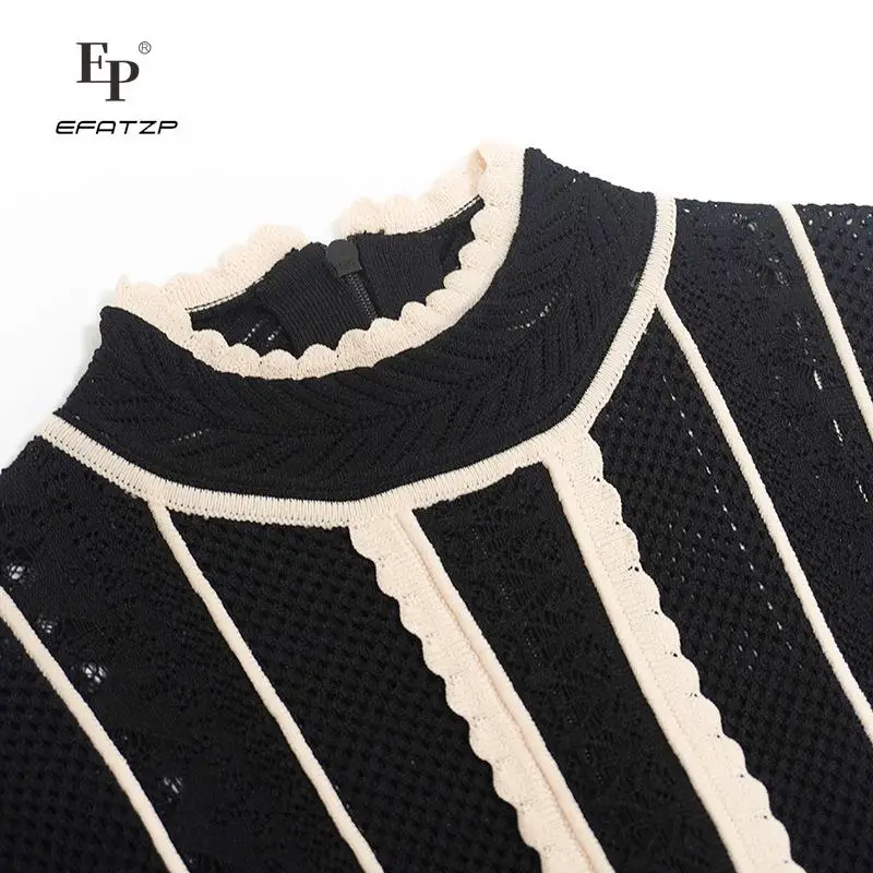 EFATZP Woman Black Striped Patchwork Dress Lace Elegant French Brand Party Vintage Knitted Maxi Dress Women