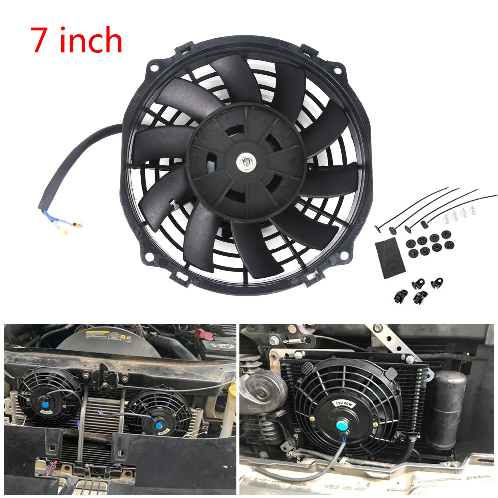 

7 Inch Universal 12V 80W Slim Reversible Black Blade Electric Cooling Radiator Auto Fan Mounting Kit