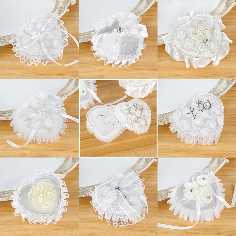 

Heart-shape Wedding Ring Box Romantic White Rose Flower Lace Jewelry Case Ring Bearer Box Pillow Cushion for Wedding Engagement