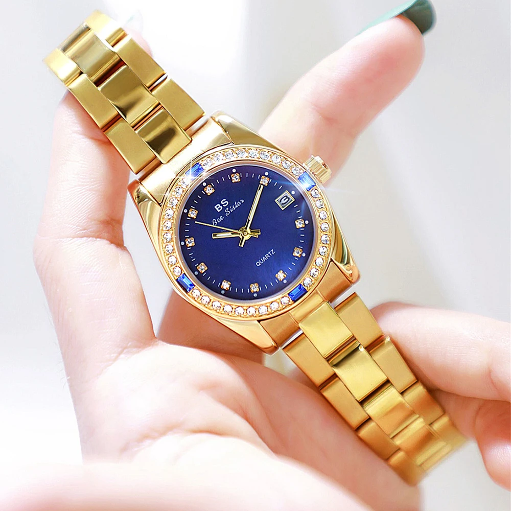 BS Women Watches Luxury Brand Gold Stainless Steel Watch For Women Green Dial Crystal Diamond Watch Female Quartz Wristwatches