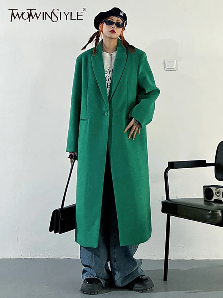 

TWOTWINSTYLE Overszie Solid Coats For Women Notched Collar Long Sleeve Single Button Fashion Casual Coat Female 2022 Autumn New