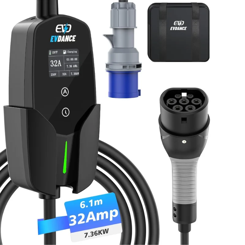 EVDANCE 32A Тип 2 EV зарядное устройство 7.36KW 1-фазный 20-футовый кабель электрическое