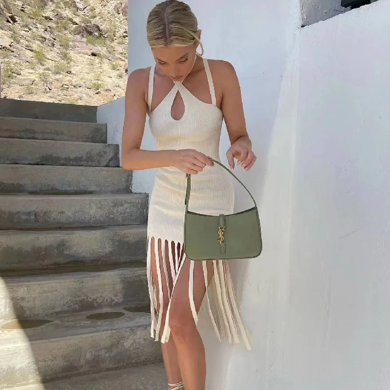 

Sexy Hollow Out Hanging Neck White Knitting Dresse Spring 2023 Women Korean Fashion New Tassel Tight Casual Elegant Party Dress