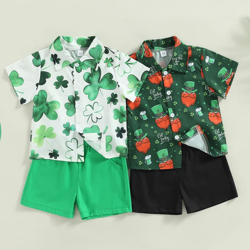 1-5Y Toddler Boy Gentleman Clothes Sets 2Pcs Green Clover Print Short Sleeve Lapel Shirt + Solid Elastic Waist Shorts