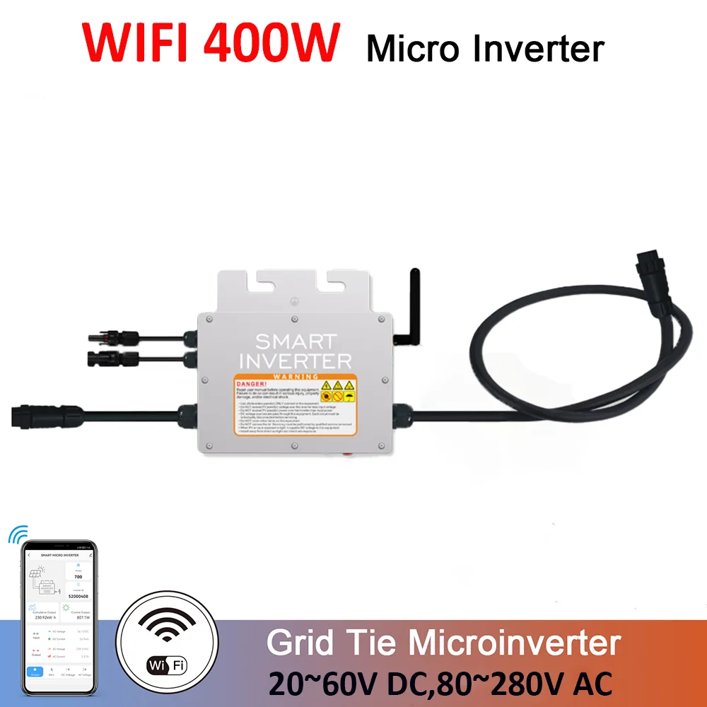 

Marsrock 400W Grid Tie Solar Inverter, 20-60V DC to AC 120V/240V Auto Pure Sine Wave Inverter for 1*400W PV Solar Panel WIFI