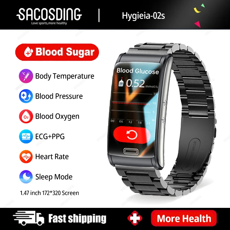 NonInvasive Blood Glucose Smart Bracelet IP68 WaterProof Sports Smartwatch ECG+PTT Blood Pressure Heart Rate Health Smart Watch