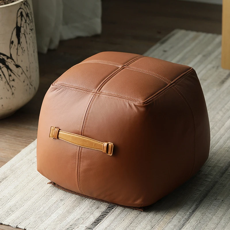 

Minimalist first layer cowhide leather sofa low stool Nordic living room cloakroom sitting pier home shoe changing furniture