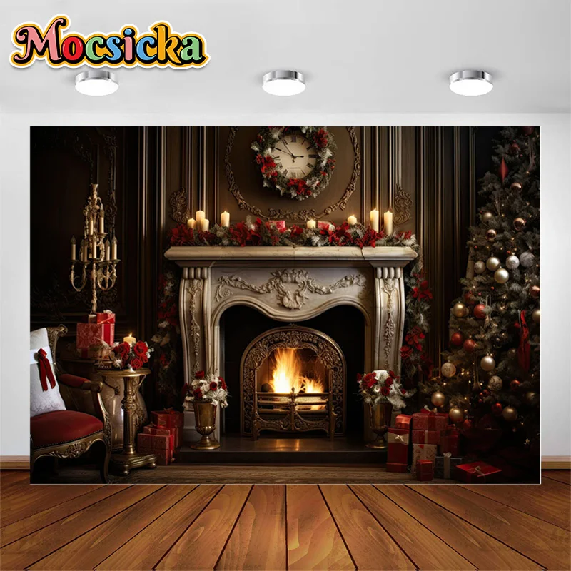 

Mocsicka Photography Backdrop Luxury Beige Winter Christmas Fireplace with Trees and Wreath Kids Adult Portrait Photo Studio