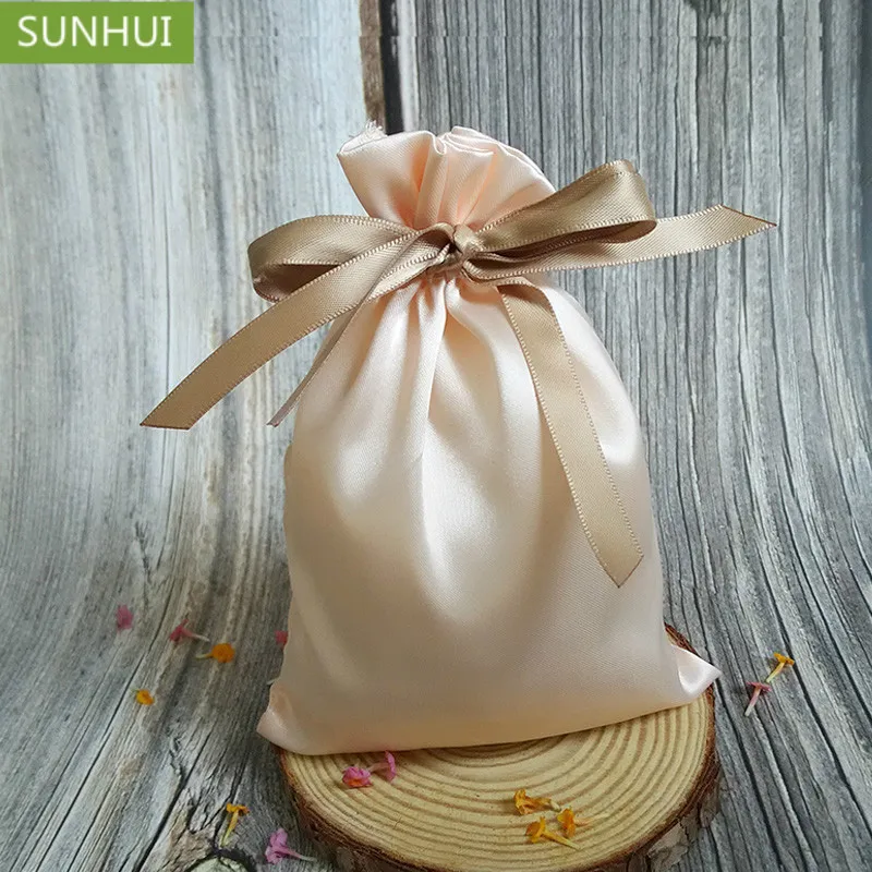 

Custom Logo ribbon Drawstring Bag Virgin Hair Clothes Home storage Drawstring Gift Bags pink 50pcs/lot