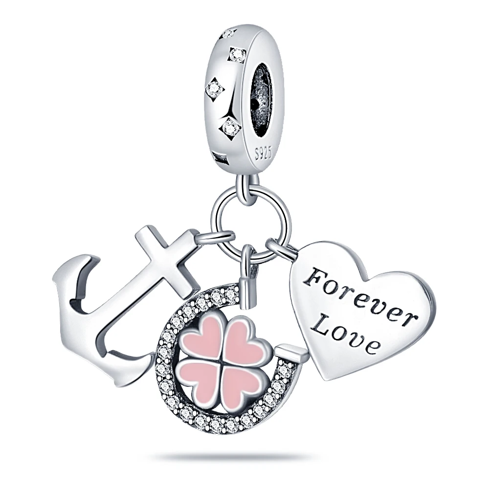 

925 Sterling Silver Pink Lucky Clover Love You Forever Dangle Charm fit Original Pandora 3MM Bracelet & Necklace Jewelry Makings