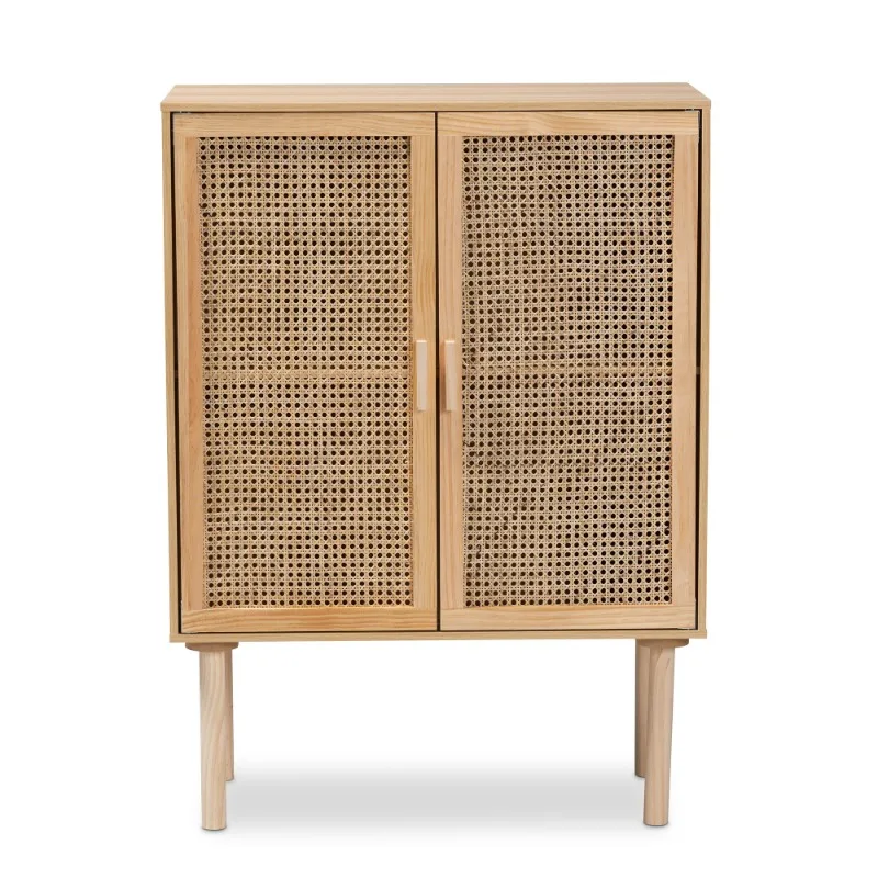 

Baxton Studio Maclean Mid-Century Modern Rattan and Natural Brown Finished Wood 2-Door Storage Cabinet
